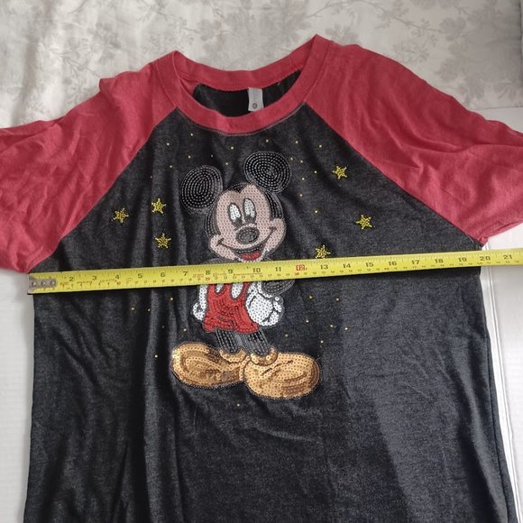 Mickey Mouse Raglan T-Shirt Medium Red & Black -Sequined Accents -Next Level - Picture 9 of 16